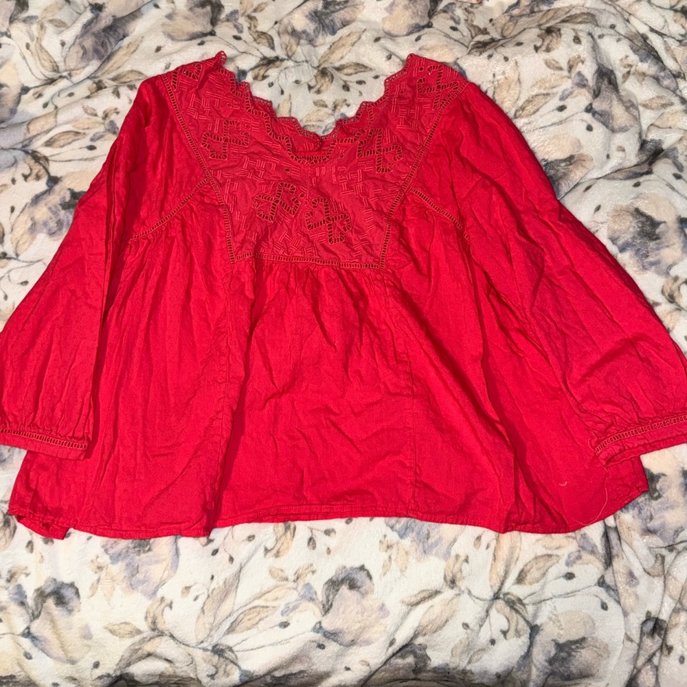 Crown & Ivy Red Lace Accent Blouse